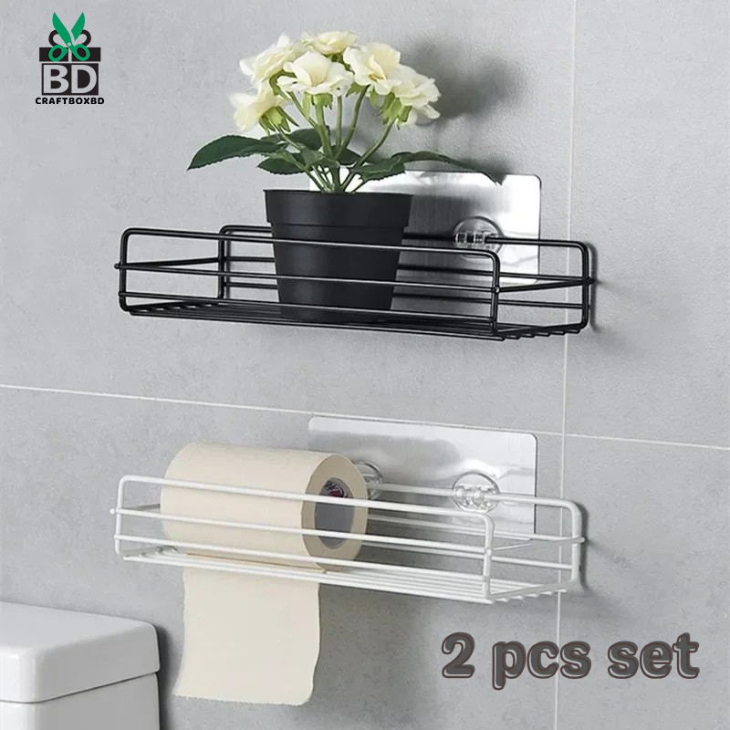 Iron Frame Punch Free Storage Organizer Shelf Shower Free Mounted Caddy Rack (2pcs Set)